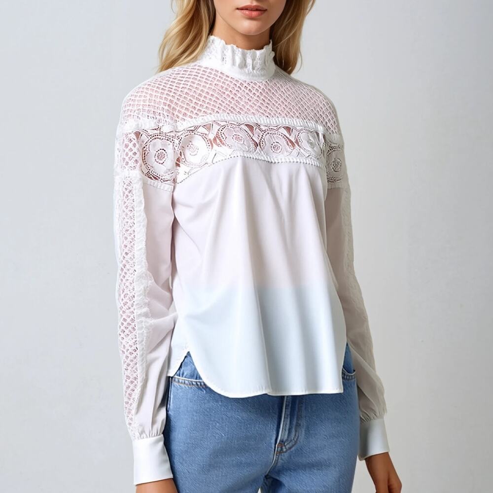 SANDRO White Mock Turtle Neck Long Sleeve Lace Blouse
